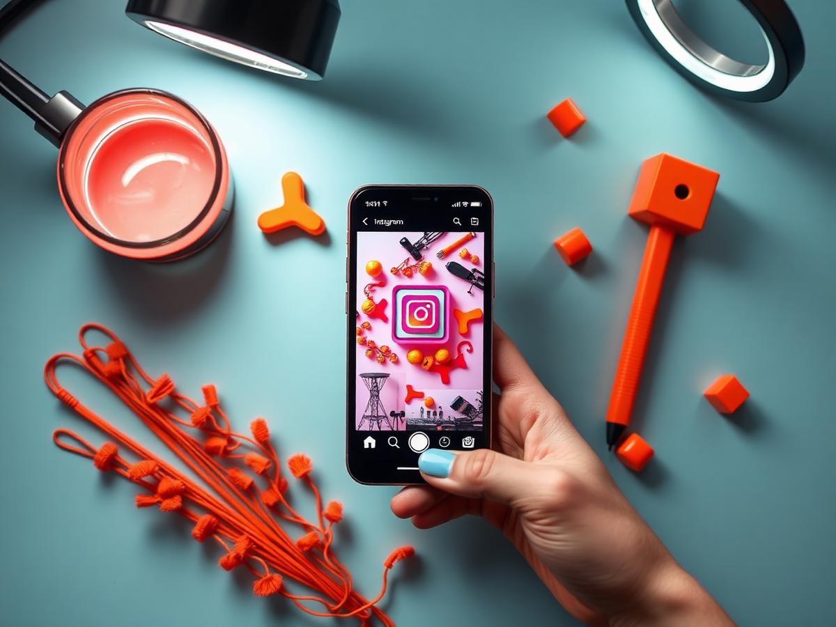 Social media content creation flat lay with a smartphone